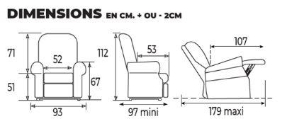 Dimensions du fauteuil releveur électrique Confort Luxe 2 moteurs